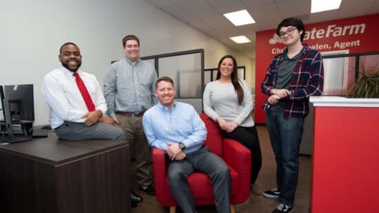 Chris Schoelen (center) with his State Farm staff, from L-R, Brandon Parris, Tim Berndtson, Michelle Pelletier, Mathieu Cote. 