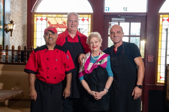 Foxy Pizza L-R:  Assistant Cooks, Mohamed,  Sahoobah and Keith Nystrup.  Original Founder, Georgia Varlas, and Assistant Chef, Pavilo Sade